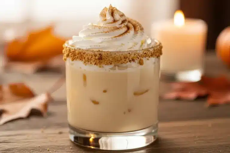 Pumpkin Spice White Russian cocktail with whipped cream and spice rim