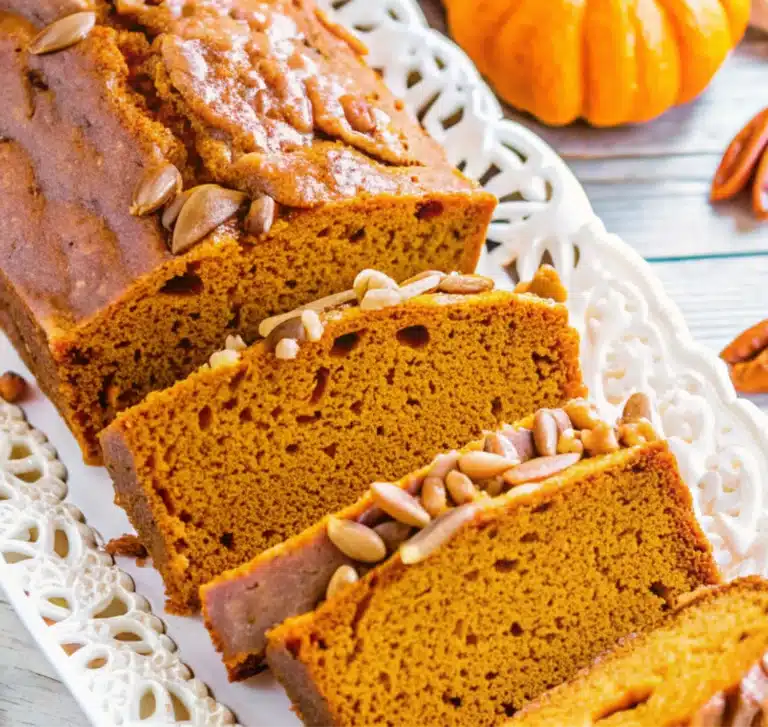 A beautiful loaf of pumpkin bread with brown sugar glaze, perfect for Thanksgiving.
