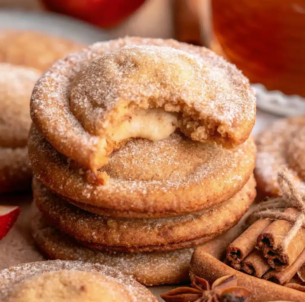 Freshly baked apple cider cheesecake cookies stacked on a table with spiced sugar.