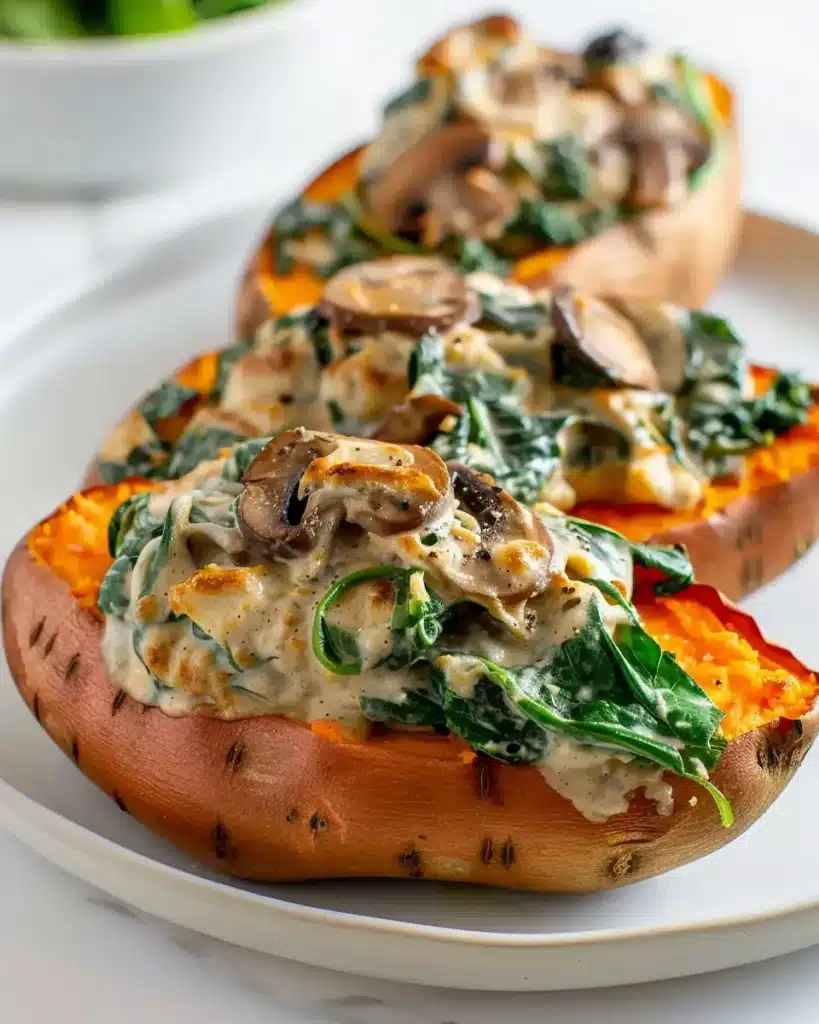 Creamy Mushroom and Spinach Stuffed Sweet Potatoes