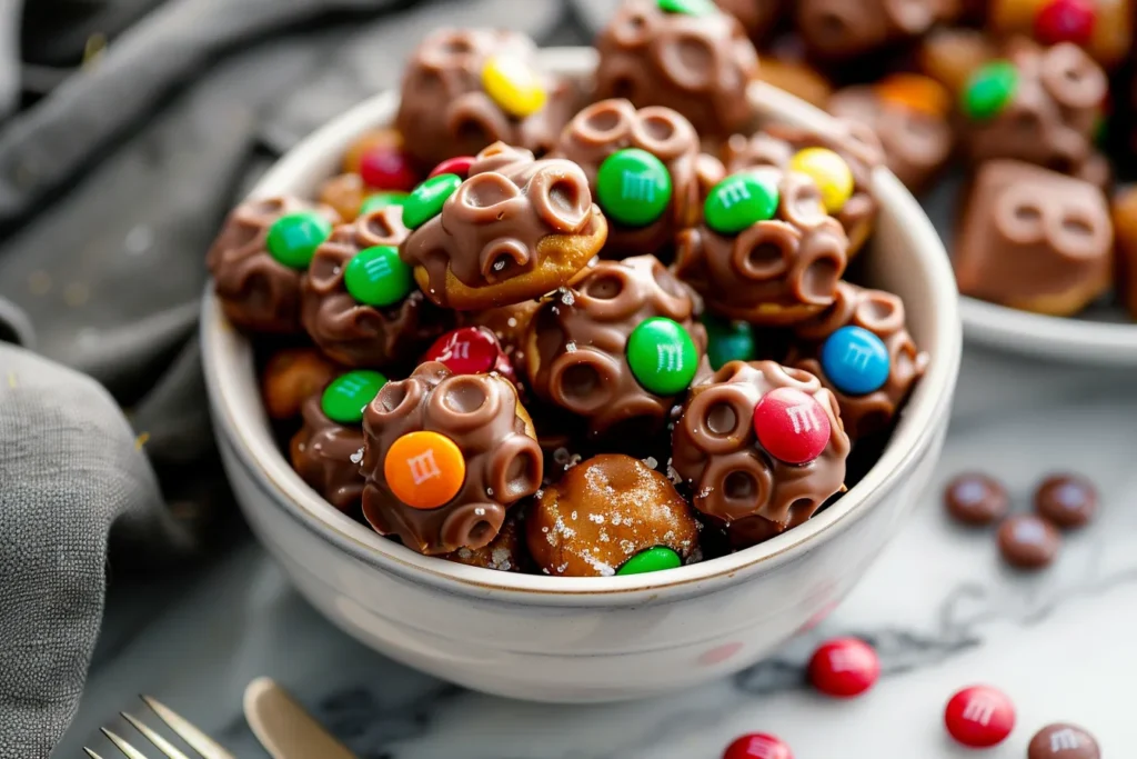 Sweet and Salty Rolo Pretzel Bites Topped with M&amp;Ms