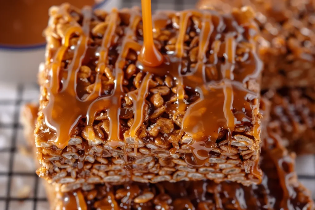 Chocolate Churro Rice Krispie Treats with Caramel Drizzle