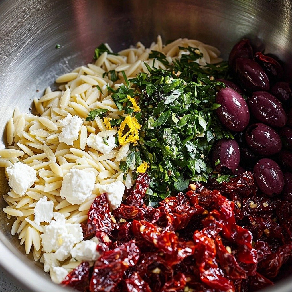 Orzo Pasta Salad with Feta and Sun Dried Tomatoes - step by step